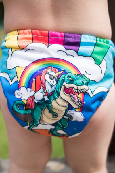 Pocket Diaper-(Unicorn and Dinosaur In Rainbow World)-Positional-Jan 2021-(Mama Koala & PPC Custom Print)